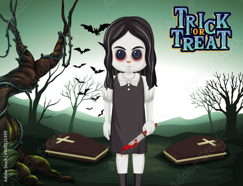 Little ghost girl with black eyes on dark forest background