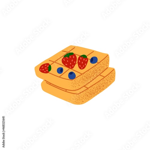 Belgian waffles with fresh berries. Sweet dough dessert with strawberry and bilberry decor. Yummy baked food. Flat vector illustration of tasty pastry isolated on white background