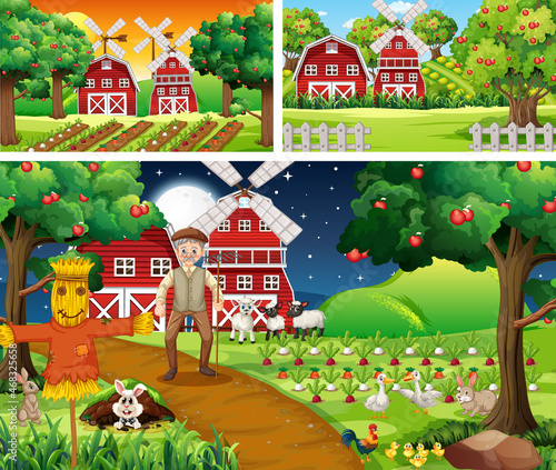 Different farm scenes with farm animals cartoon character