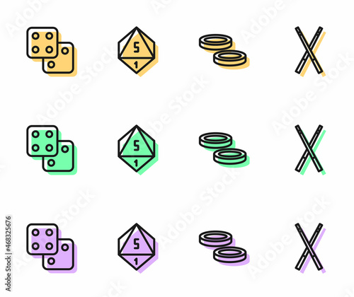Set line Checker game chips, Game dice, and Crossed billiard cues icon. Vector