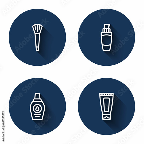 Set line Makeup brush, Tube of hand cream, Bottle shampoo and Cream or lotion cosmetic tube with long shadow. Blue circle button. Vector