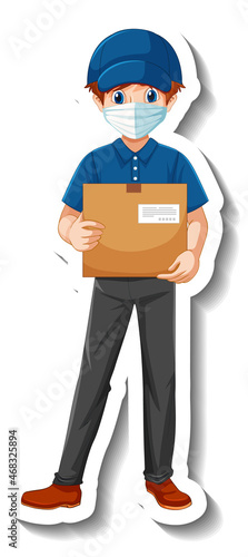 A sticker template with delivery man in uniform holding boxes
