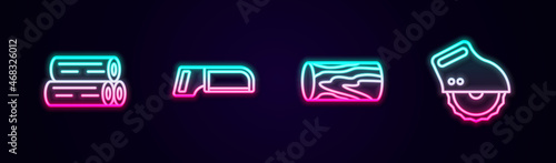 Set line Wooden log, Hacksaw, and Electric circular. Glowing neon icon. Vector