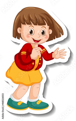 Sticker template with a girl in standing posing cartoon character isolated