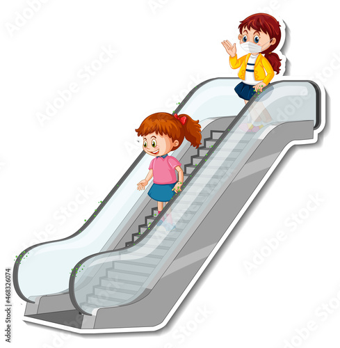 People on escalator cartoon on white background