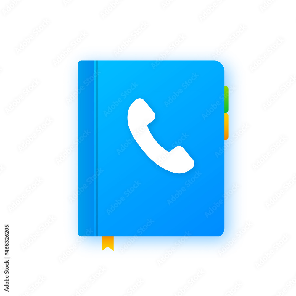 Blue phone book on white background. Phone icon, telephone symbol. Support service icon. Vector stock illustration Blue phone book on white background. Phone icon, telephone symbol. Support service icon. Vector stock illustration
