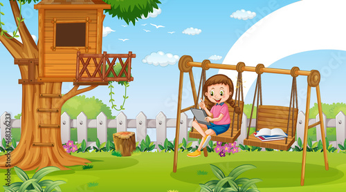 Kids leaning online with tablet on swing chair in the park