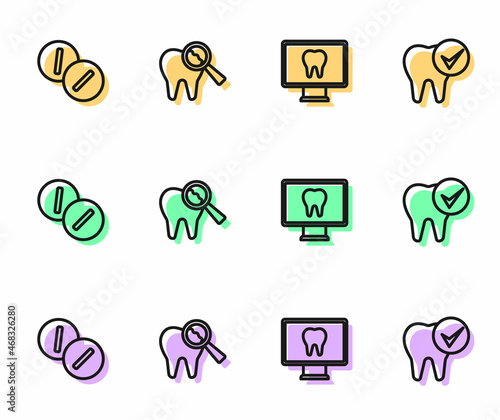 Set line Online dental care, Toothache painkiller tablet, Broken tooth and icon. Vector