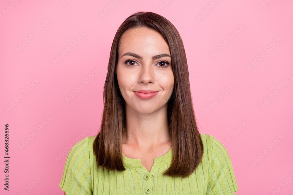 Fototapeta premium Photo of young attractive girl good mood wear shirt top summer season isolated over pink color background