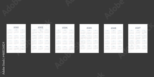 2022 2023 2024 2025 2026 2027 calendar template in classic strict style type written font. Monthly calendar individual schedule minimalism design for business notebook. Week starts on sunday