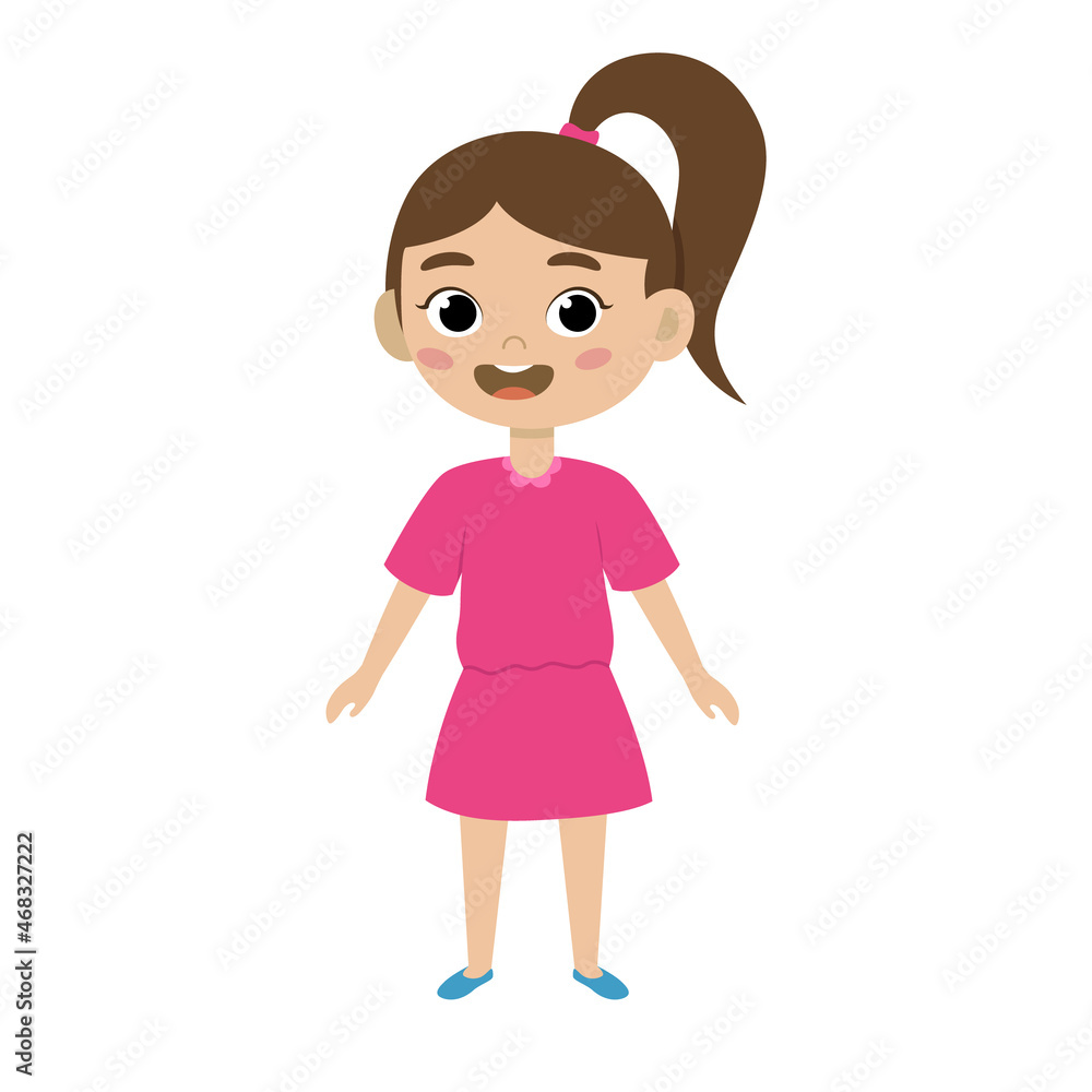 Cute girl kid. Funny child isolated on white background. Beautiful Baby girl with pigtail smiling. Happy emotion girl. Vector illustration in flat style Cute girl kid. Funny child isolated on white background. Beautiful Baby girl with pigtail smiling. Happy emotion girl. Vector illustration in flat style