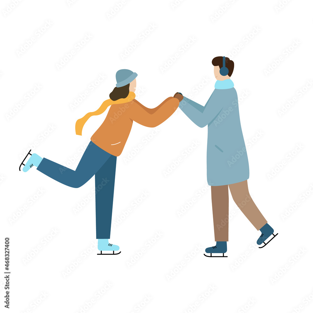 The couple is ice skating. The guy helps learn girl not to fall and holds her for. Winter sports and outdoor activities. Vector flat illustration isolated on white background The couple is ice skating. The guy helps learn girl not to fall and holds her for. Winter sports and outdoor activities. Vector flat illustration isolated on white background