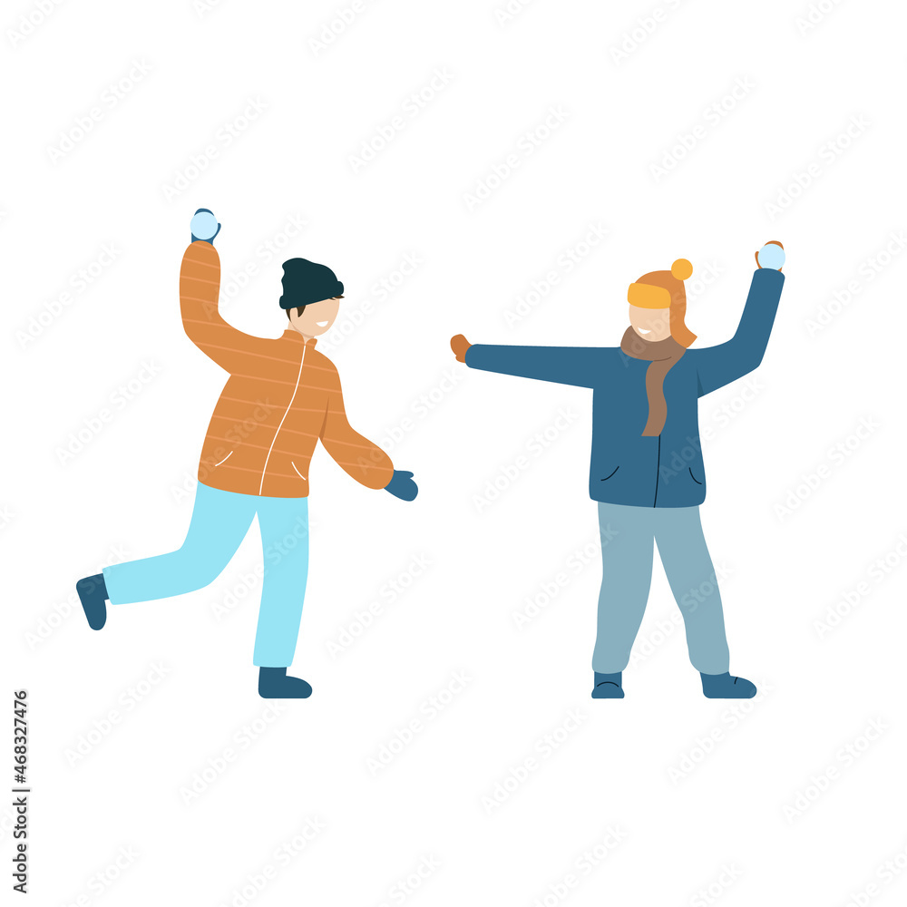 Two boys are playing snowballs and having fun outdoor. Two children throw snowballs at each other. Winter sports and outdoor activities. Vector flat illustration isolated on white background Two boys are playing snowballs and having fun outdoor. Two children throw snowballs at each other. Winter sports and outdoor activities. Vector flat illustration isolated on white background