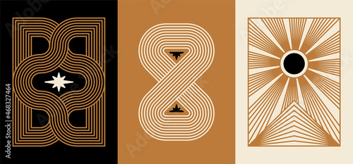 Vector minimal geometric illustrations set - trendy abstract aesthetic linear compositions, prints, frames and graphic design elements