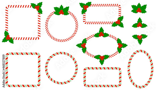 Christmas set  frame candy   cane  with Holly leaves. Festive decorative geometric shapes circle, square, ellipse, rectangle. Vector isolated.