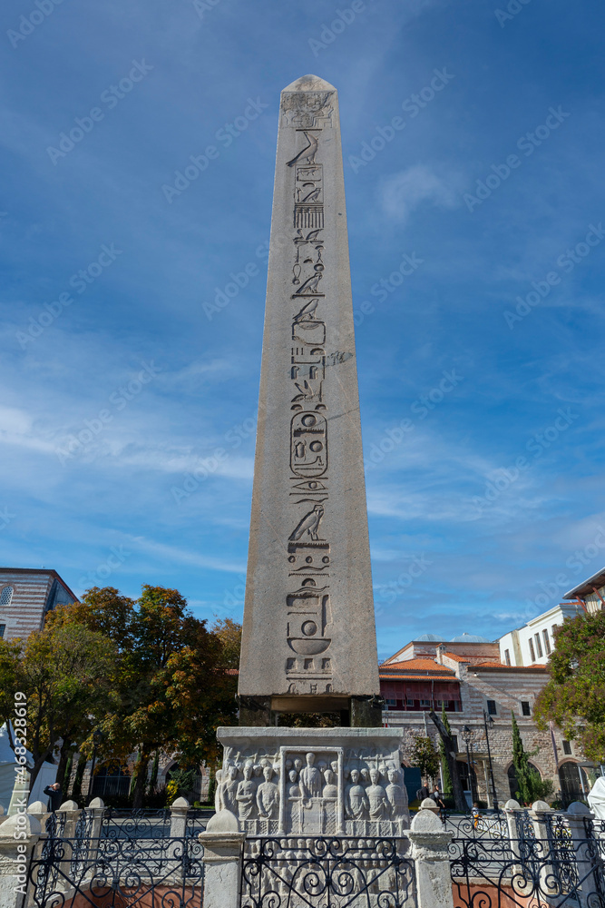 Istanbul, Sultanahmet,Turkey, November 4, 2021 : Obelisk of Theodosius (Dikilitas) with hieroglyphs in Sultanahmet Square, Istanbul, Turkey. Ancient Egyptian obelisk in Istanbul City