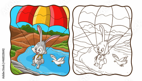 cartoon illustration bunny skydiving with a dove coloring book or page for kids