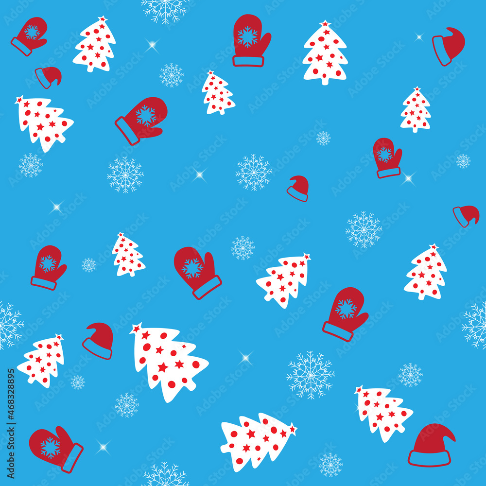 New Year and Merry Christmas seamless pattern with christmas gauntlet, tree and snowflakes. Vector illustration. Design wallpaper, fabrics, postall packaging. New Year and Merry Christmas seamless pattern with christmas gauntlet, tree and snowflakes. Vector illustration. Design wallpaper, fabrics, postall packaging.