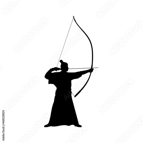 Silhouette Japanese Kyudo archer. Bow shooting.