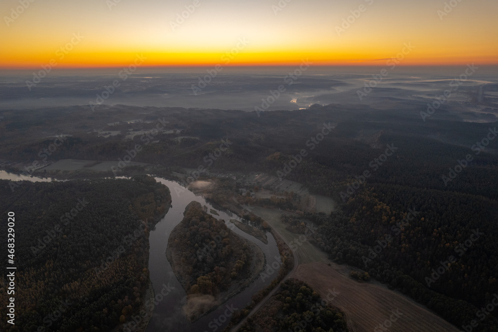 Aerial autumn fall sunrise dawn view in Neris regional park, Lithuania Aerial autumn fall sunrise dawn view in Neris regional park, Lithuania