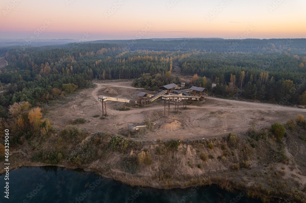 Obraz premium Aerial autumn fall sunrise dawn view in Neris regional park, Lithuania