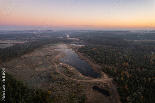Aerial autumn fall sunrise dawn view in Neris regional park, Lithuania