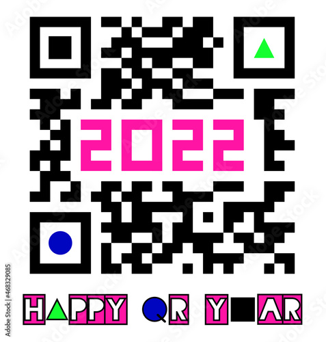 Vector image of the greeting card with qr code squid games with the 2022 and the words happy qr year in the black, rose, green colors isolated on the white background. quick response to the 2022 year photo
