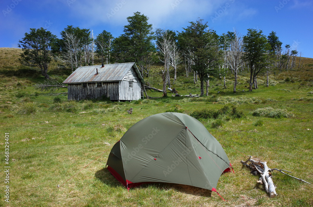 Tent on green grass by old wooden house and small forest on hill, Summer vacation, Camping at Refugio El Caulle in Puyehue National Park, Los Lagos Region, Chile
