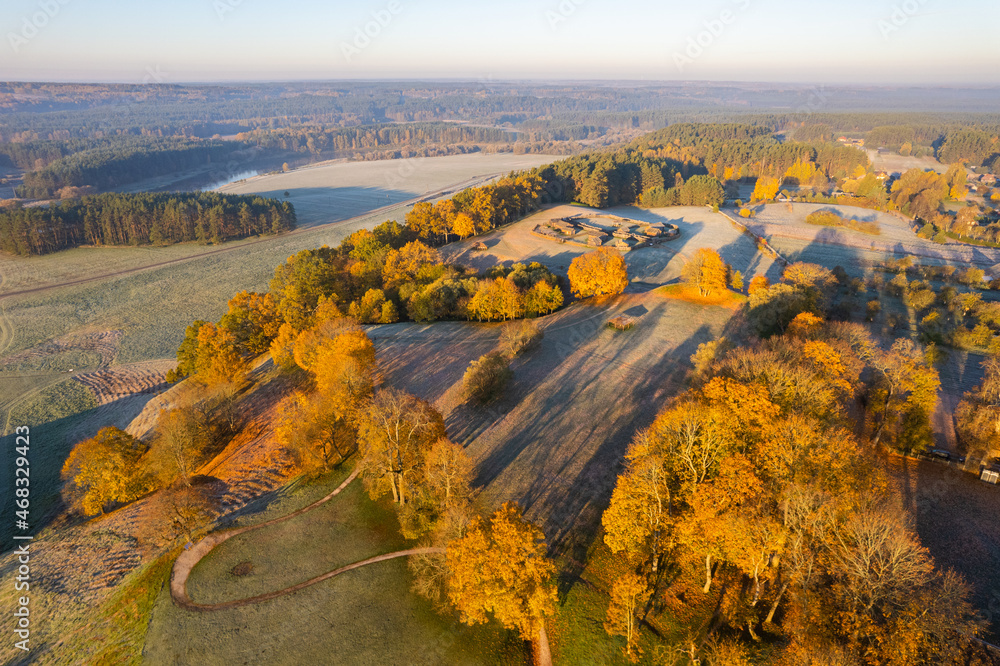 Aerial autumn fall sunrise view in Kernavė archaeological site, Lithuania