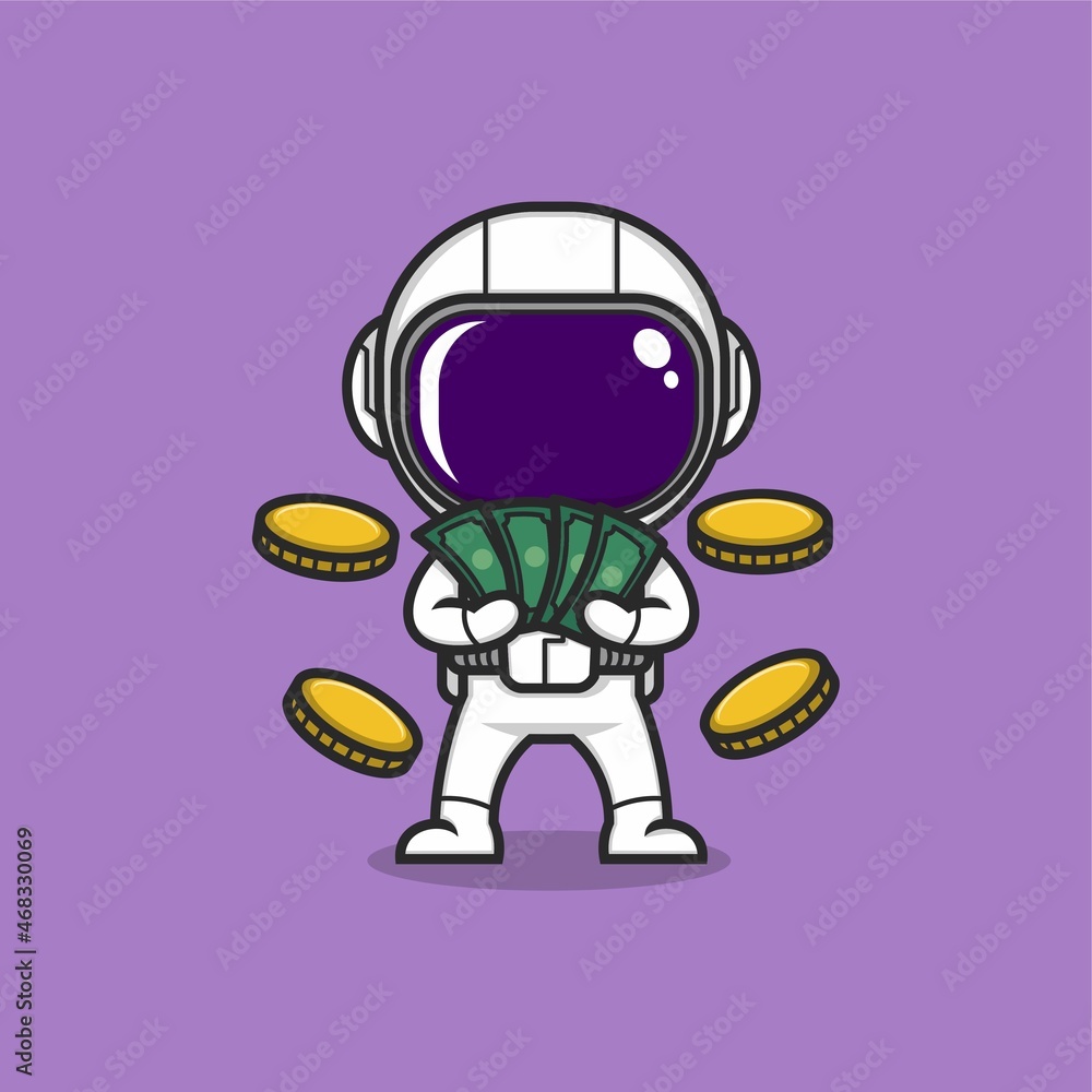 cute cartoon astronaut rich with money and coins. vector illustration for mascot logo or sticker