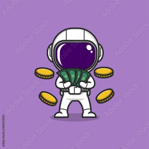 cute cartoon astronaut rich with money and coins. vector illustration for mascot logo or sticker