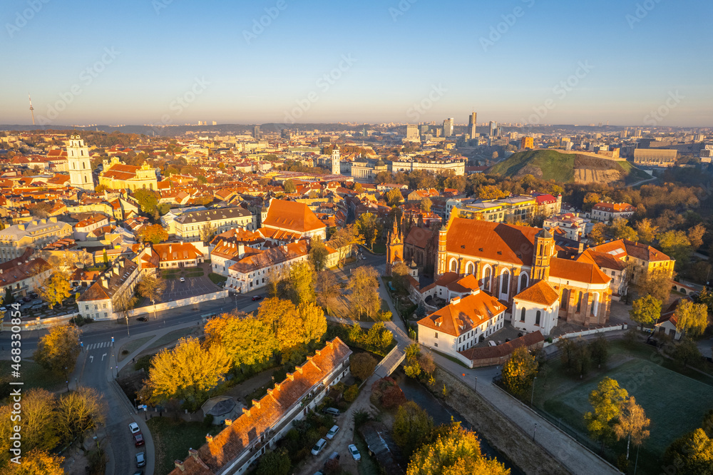 Aerial autumn fall sunrise view of Vilnius oldtown, Lithuania