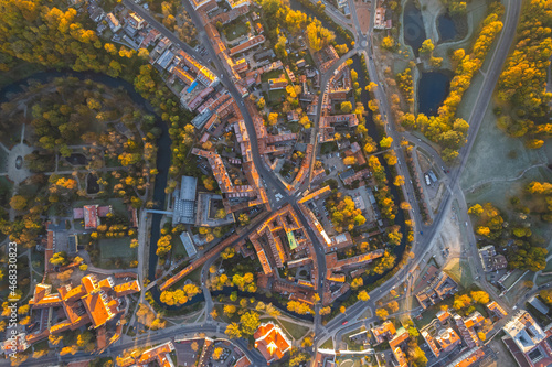 Aerial autumn fall sunrise view of Užupis district in Vilnius, Lithuania 