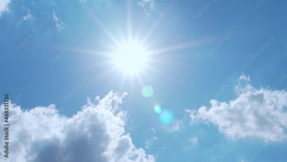 Clear Blue Sky Sun Sunlight Sun Rays and Glare and Cumulus White Clouds, Time Lapse, Slow Motion.