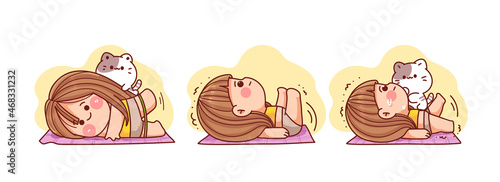 Young woman doing fitness workout at home sport yoga body exercise healthy hand drawn cartoon art illustration