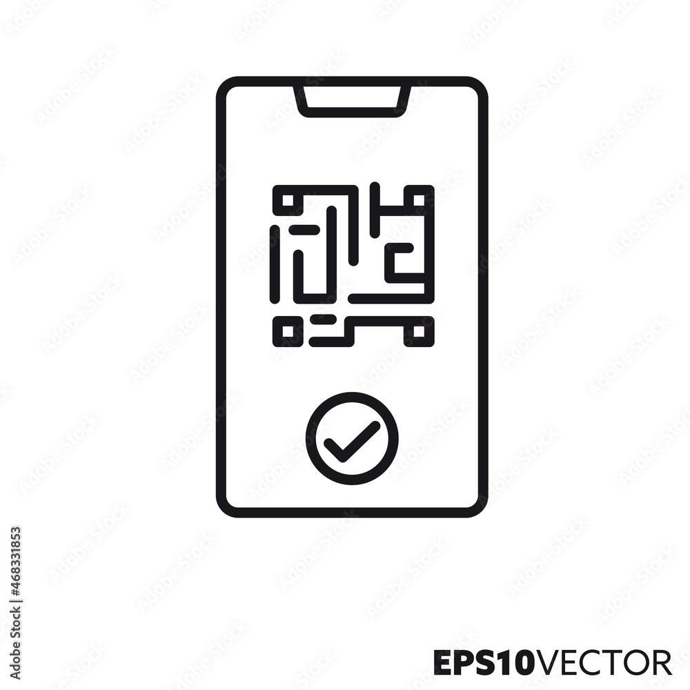 Digital vaccination certificate line icon. Outline symbol of QR code on smartphone display. Health care and medicine concept flat vector illustration. Digital vaccination certificate line icon. Outline symbol of QR code on smartphone display. Health care and medicine concept flat vector illustration.