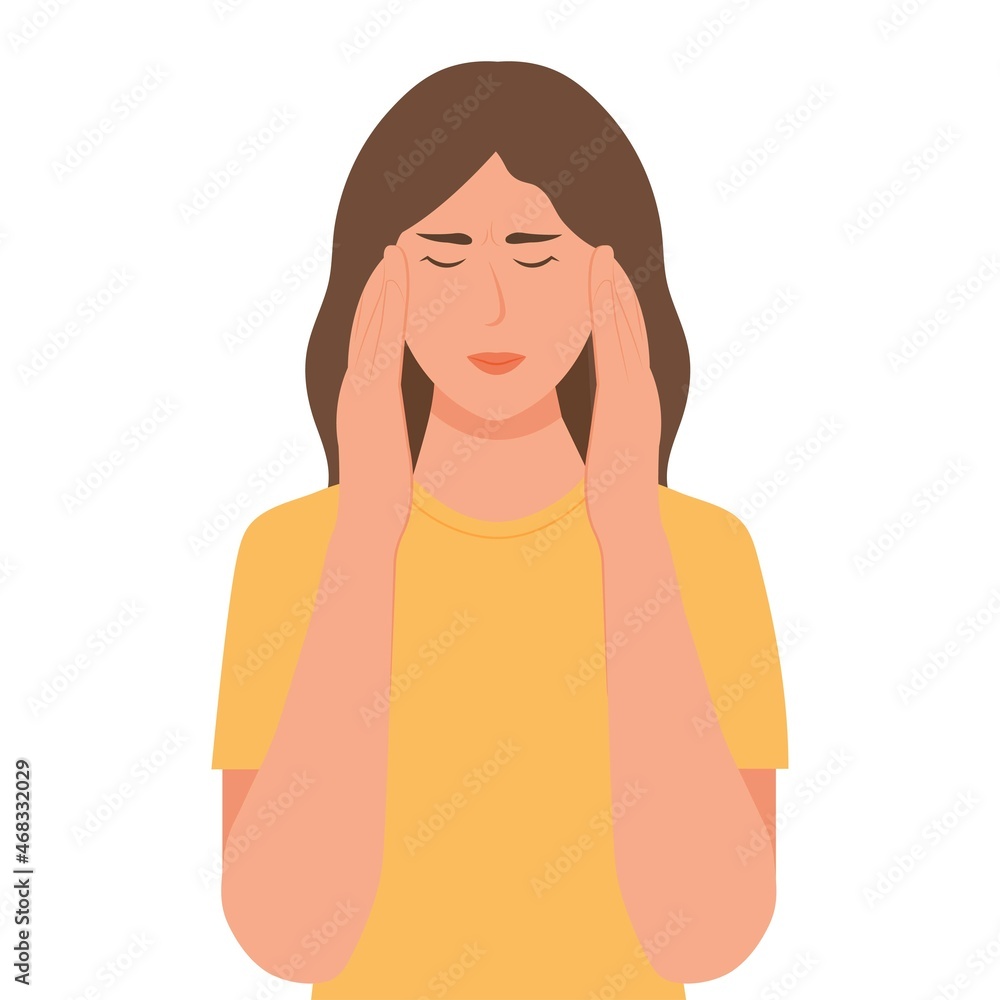 Headache. Young woman suffering migraine, holding head with hands. Vector illustration.