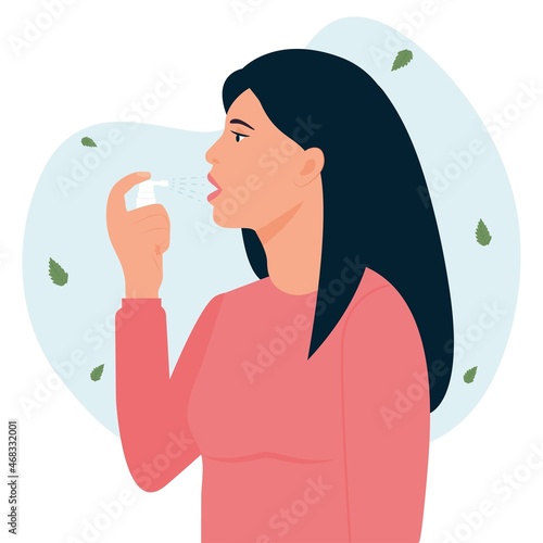 Woman  uses breath freshener. Girl using mouth spray for  sore throat infection treatment Aerosol spray in the hand. Fresh breath.Vector illustration