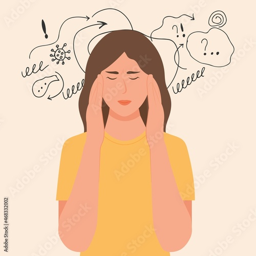 Woman with nervous problem feel anxiety and confusion of thoughts vector flat.Girl with anxiety touch head surrounded by think