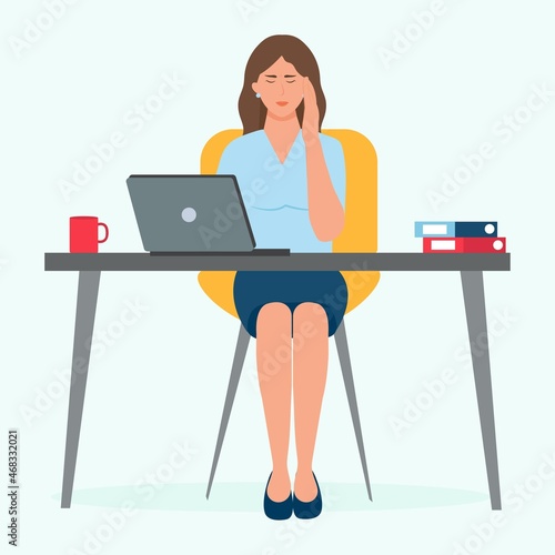  Tired sad busy woman in the office.  Girl work at the laptop feeling bad. Headache, migraine, stress concept.Vector illustration