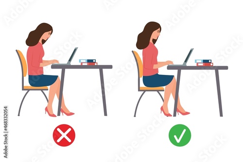 Correct and incorrect sitting posture at laptop.Business woman at the table working in rhe office. flat design, vector illustration