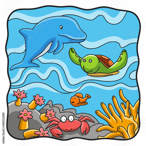 cartoon illustration marine life of dolphins, turtles, crabs and sea fish