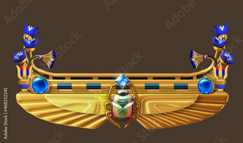 Decorative border element adorned with blue gemstones, floral ornaments, and an Egyptian winged scarab beetle. 3D illustration isolated on dark background