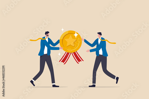Employee award recognition, success achievement reward or top star performer of the month, best sales champion or certificate concept, businessman boss giving golden star badge to winning employee.