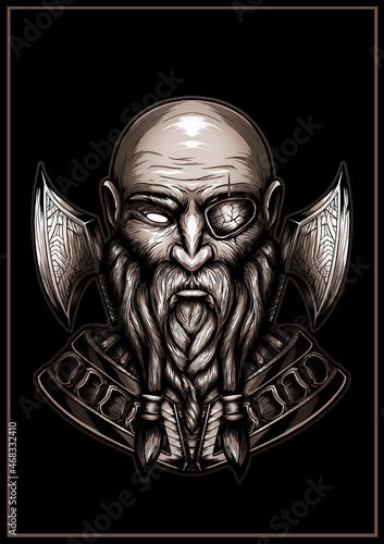 Foto Monochrome portrait of a one-eyed northern warrior with axes behind his back