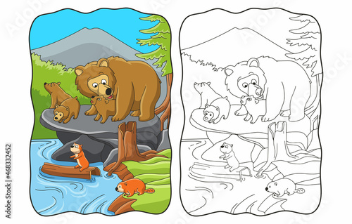 cartoon illustration bear with cub on a big rock book or page for kids
