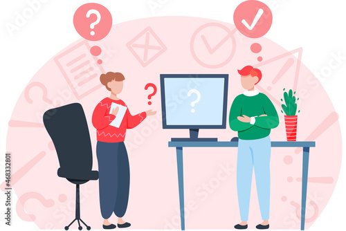 Women solving question. Problem Solution. Career success in teamwork, creative project idea. Puzzled employees failing in solving issues. Useless office worker, question marks, business failure