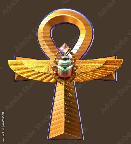 Representation of an ornate ankh cross, Egyptian hieroglyphic symbol of life. 3D illustration isolated on dark background