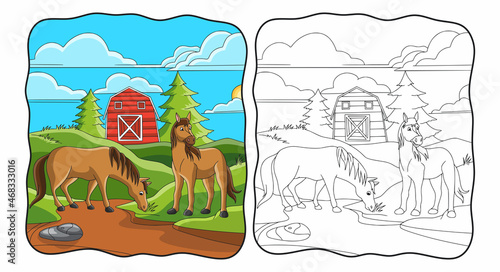 cartoon illustration The horse is eating grass in front of the stable book or page for kids