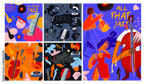 Colorful jazz festival musicians singers and musical instruments poster set flat isolated vector illustration, design template